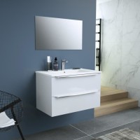 ZOOM meuble de salle de bain simple vasque avec miroir L 80cm - 2 tiroirs a fermeture ralenties - Blanc laqué brillant