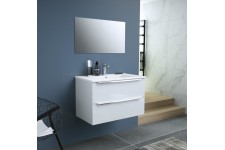 ZOOM meuble de salle de bain simple vasque avec miroir L 80cm - 2 tiroirs a fermeture ralenties - Blanc laqué brillant