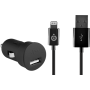 Mini chargeur allume-cigare noir USB 2A avec câble USB/Connectique Lightning