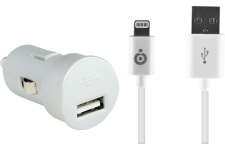 Mini chargeur allume-cigare blanc USB 2A avec câble USB/Connectique Lightning