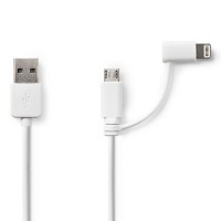 Câble de Synchronisation et de Chargement 2 en 1 | USB A Mâle - Micro B Mâle / Apple Lightning Mâle à 8 Broches | 1,0 m | Blanc