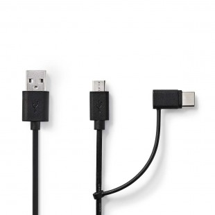 Câble de Synchronisation et de Chargement 2 en 1 | USB A Mâle - Micro B Mâle / Type-C Mâle | 1,0 m | Noir