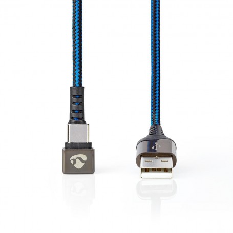 Câble USB 2.0 | A mâle vers Type-C™ mâle | connecteur pour jeu 180° | 2,0 m | rond | tressé | Noir-bleu