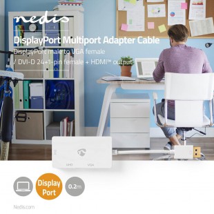 Câble Adaptateur Multi DisplayPort | DisplayPort Mâle vers VGA Femelle + DVI-D 24+1 Broches Femelle + Sortie HDMI 2.0 | 0,2 m | 