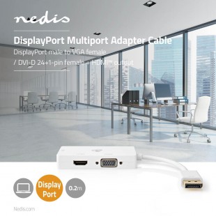 Câble Adaptateur Multi DisplayPort | DisplayPort Mâle vers VGA Femelle + DVI-D 24+1 Broches Femelle + Sortie HDMI 2.0 | 0,2 m | 