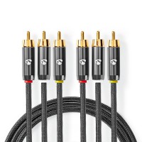 Câble Vidéo Composite | 3x RCA Mâles vers 3x RCA Mâles | Gris Métal | Câble Tressé