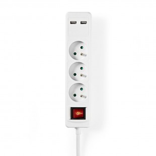 Multiprise | 3 Entrées Françaises | 2 Ports USB | 1,5 m 3 x 1,5 mm² | Commutateur Marche/Arrêt | Blanc