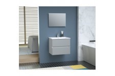 TOTEM Salle de bain 60cm - Gris - 2 tiroirs fermetures ralenties - simple vasque en céramique + miroir