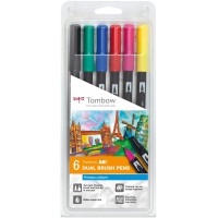 Tombow ABT-6P-1 Lot de 6 Feutres pinceau a  2 pointes, couleurs primaires