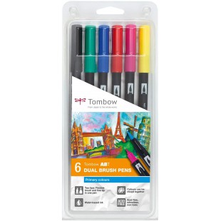 Tombow ABT-6P-1 Lot de 6 Feutres pinceau a  2 pointes, couleurs primaires