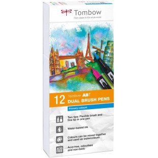 Tombow ABT-12P-1 Lot de 12 Feutres pinceau a  2 pointes, couleurs primaires