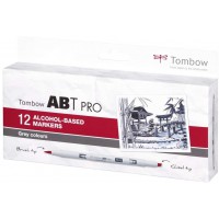 Tombow ABTP-12P-3 Marqueur a  base d'alcool ABT PRO a  deux pointes, set de 12 pieces, Grey Colors