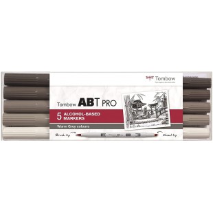 Tombow ABTP-5P-3 Marqueur a  base d'alcool ABT PRO a  deux pointes, set de 5 pieces, Warm Grey Colors