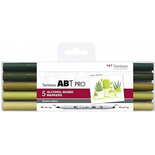 Tombow ABTP-5P-6, Marqueur a  base d'alcool ABT PRO avec deux pointes, Couleurs : vert, 5pcs