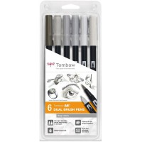 Tombow ABT-6P-6, Feutre pinceau ABT Dual Brush Pen, double pointes, a  base d'eau, Set de 6 couleurs"Gris"