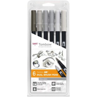 Tombow ABT-6P-6, Feutre pinceau ABT Dual Brush Pen, double pointes, a  base d'eau, Set de 6 couleurs"Gris"