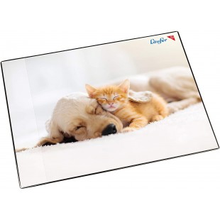 Laufer 46657 Sous-main antiderapant pour enfant Motif chien et chat 53 x 40 cm Avec poche laterale transparente