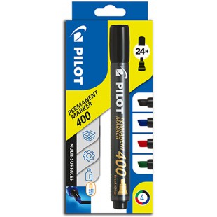 Pilot Permanent Marker 400 Set de 4 Marqueurs pointe biseautee large Noir/Bleu/Rouge/Vert