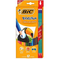 BIC Kids Evolution ECOlutions Crayons de Couleur - Coloris Assortis, Etui Carton de 12