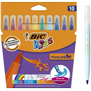 BIC Kids Visaquarelle Feutres de Coloriage avec Pointe Pinceau - Couleurs Assorties, Etui Carton de 10