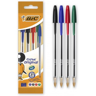 BIC Cristal Original Stylos-Bille Pointe Moyenne (1,0 mm) - Couleurs Assorties, Un Paquet de 4