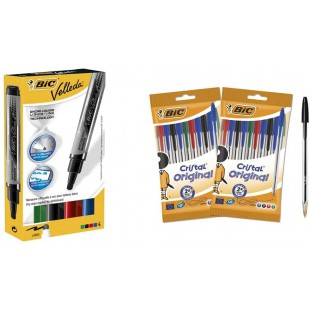 BIC Velleda Feutres pour Tableau Blanc Effacables a  Sec Pointe Conique Large, Etui Carton de 4 & Cristal Original Stylos-Bille 