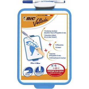 BIC Velleda Ardoise Ecolier Double Face (19 x 26 cm) Effacable a Sec avec Feutre Bleu Effacable a Sec et Effacette