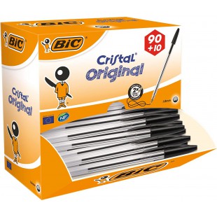 Bic Cristal 896040 Stylo bille Corps transparent Pointe 1 mm Largeur de trait 0,4 mm Noir Lot de 90 + 10 gratuits