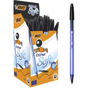 BIC Ecriture Cristal Soft Stylos-Bille Pointe Moyenne (1,2 mm) - Corps Bleu Ciel - Encre De Couleur Noire, Boite de 50