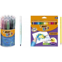 BIC Kids Ecriture Visaquarelle Feutres de Coloriage avec Pointe Pinceau - Pot de 18 & Kids Aquacouleur Crayons de Couleur Aquare