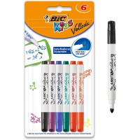 BIC Kids Mini Velleda Feutres Effacables a  Sec Pointe Conique Fine - Couleurs Assorties, Blister de 6