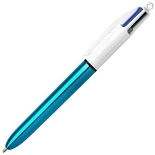 BIC - 1 Stylo 4 COLOURS SHINE - Corps Blanc/ Bleu metallise - 4 Couleurs classiques