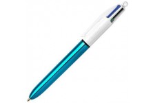 BIC - 1 Stylo 4 COLOURS SHINE - Corps Blanc/ Bleu metallise - 4 Couleurs classiques