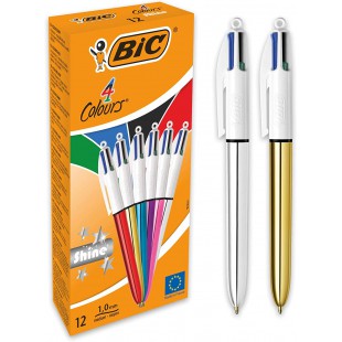 BIC 4 Couleurs Shine Stylos-Bille Retractables Pointe Moyenne (1,0 mm) - Corps Assortis Metallises, Boite de 12