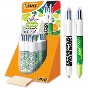 BIC 4 Couleurs Velours Stylos-Bille Retractables Pointe Moyenne (1,0 mm) - Corps Assortis Motif Jungle, Presentoir de 30