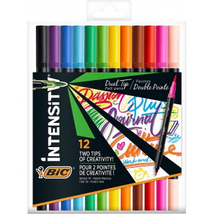 BIC Intensity feutre d'ecriture Double Pointe et Corps Noir Mat - Couleurs assorties, Pochette de 12