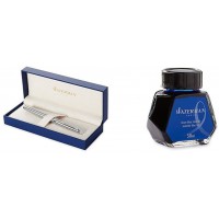 Waterman Hemisphere Acier Attributs Chromes Stylo Plume Pointe Moyenne - Dans son ecrin + Waterman Encre pour Stylo Plume Bleu S