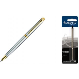 Waterman Hemisphere Acier Attributs Dores Stylo Bille Pointe Moyenne - Dans son ecrin + Waterman Recharge Stylo Bille, Pointe Mo