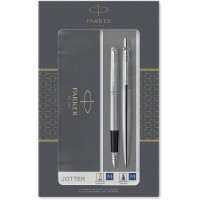 Parker Jotter Duo Coffret-cadeau avec Stylo Bille et stylo plume | acier inoxydable avec attributs chromes