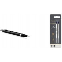 Parker Stylo-bille IM, pointe moyenne et encre bleue, garniture chromee noir + recharge Quinkflow pour stylo a  bille, pointe mo