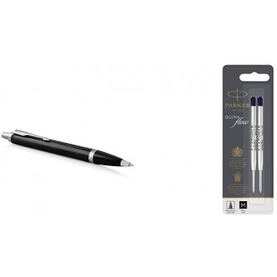 Parker Stylo-bille IM, pointe moyenne et encre bleue, garniture chromee noir + recharge Quinkflow pour stylo a  bille, pointe mo