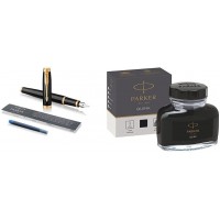 PARKER stylo-plume IM, laque noire avec attributs or, pointe moyenne et recharge d'encre bleue (1931652) + Quink Flacon d'Encre 