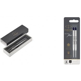 Parker Stylo-bille Jotter acier inoxydable avec attributs chromes + Quink Recharge Encre Noire Stylo Bille Pointe Moyenne