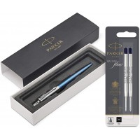 Parker Stylo-bille Jotter Waterloo bleu avec attributs chromes + Quink Recharge Encre Noire Stylo Bille Pointe Moyenne