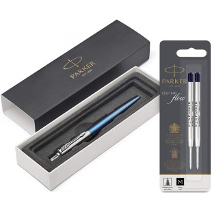 Parker Stylo-bille Jotter Waterloo bleu avec attributs chromes + Quink Recharge Encre Noire Stylo Bille Pointe Moyenne