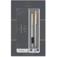 Parker Jotter Duo Coffret-cadeau avec Stylo Bille et stylo plume | acier inoxydable avec attributs Or