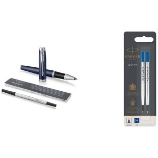 Parker Stylo-bille roulante IM, pointe fine et recharge d'encre noir, garniture chromee bleu mat + recharge pour stylo a  bille 