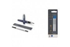 Parker Stylo-bille roulante IM, pointe fine et recharge d'encre noir, garniture chromee bleu mat + recharge pour stylo a  bille 