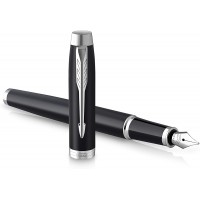 PARKER IM stylo plume | noir mat avec finitions chrome | pointe moyenne avec encre bleue | coffret cadeau