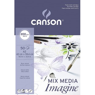 CANSON Imagine, Papier Multitechnique, Grain Leger, 200gsm, 120lb, Bloc Colle Petit Cote, A2-42x59,4cm, Blanc Naturel, 50feuille